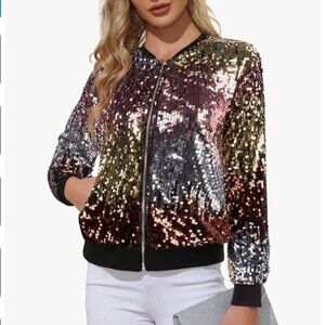 NEW Kancy Kole Sequin Bomber Jacket, Black Gold Pink, XL
